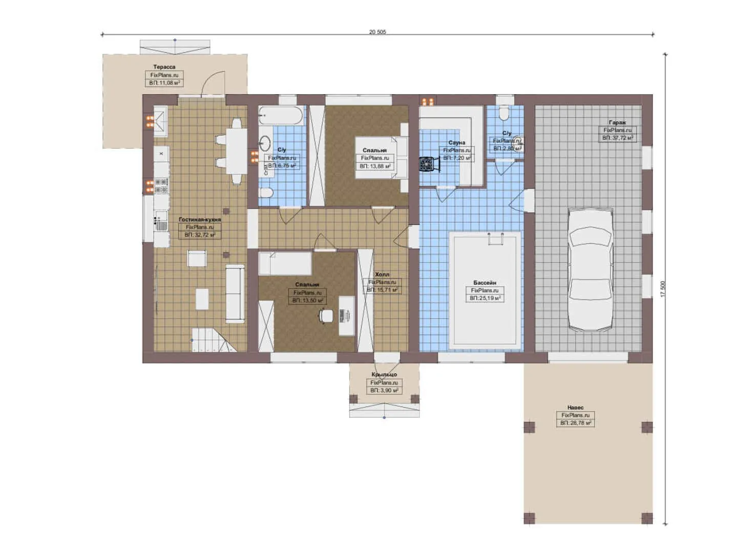 F-14336 - План одноэтажного дома 18 на 21, площадью 200 м² с террасой, баней, гаражом на 2 машины, бассейном и 2 спальнями