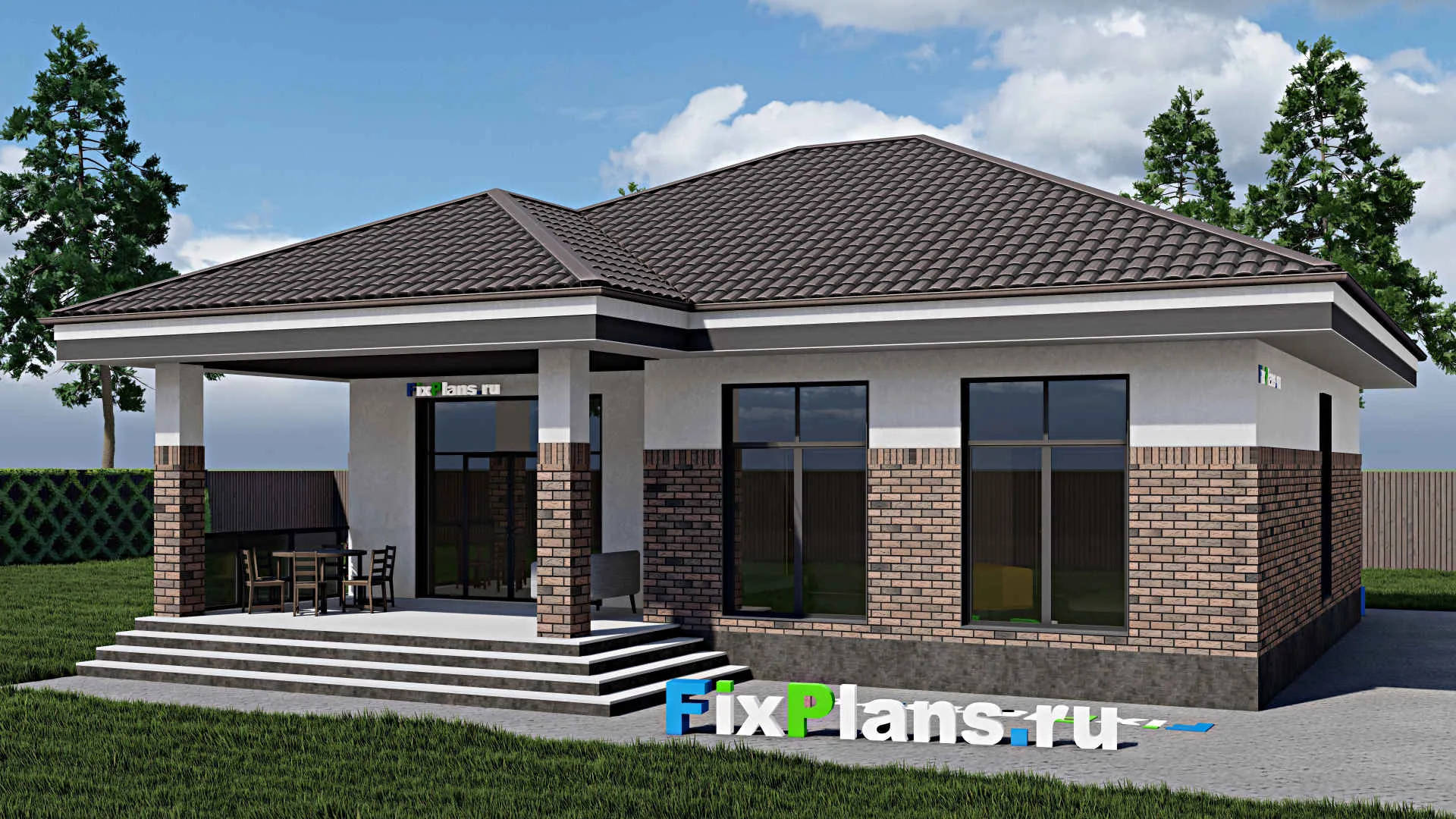 F-0881 - Проект одноэтажного дома 11 на 13, площадью 130 м² с террасой и 3 спальнями