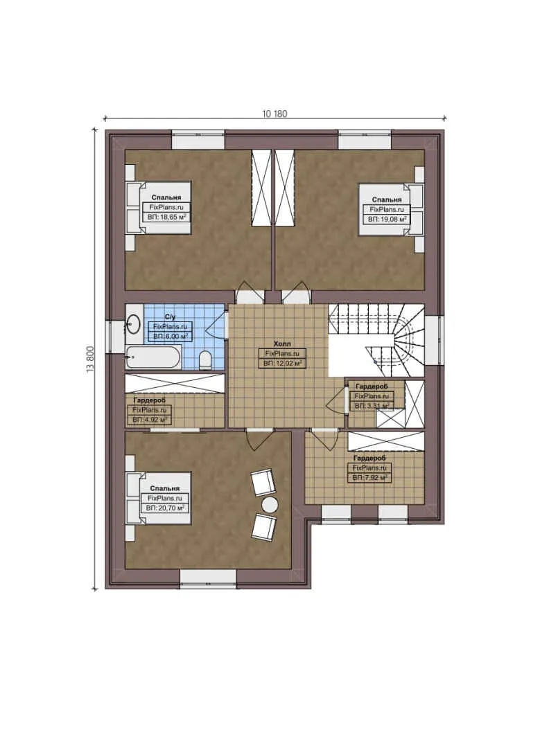 F-2618 - Планы двухэтажного дома 11 на 14, площадью 220 м² с террасой и 4 спальнями