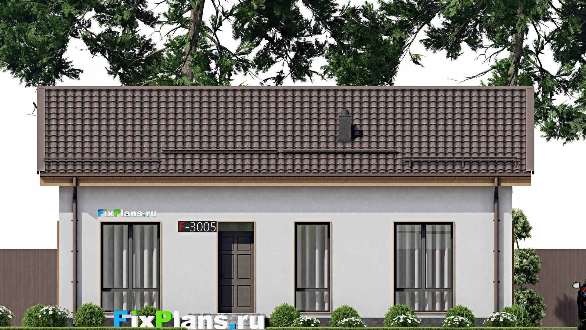 F-3005 - Проект одноэтажного дома 9 на 12, площадью 100 м² с террасой и 2 спальнями