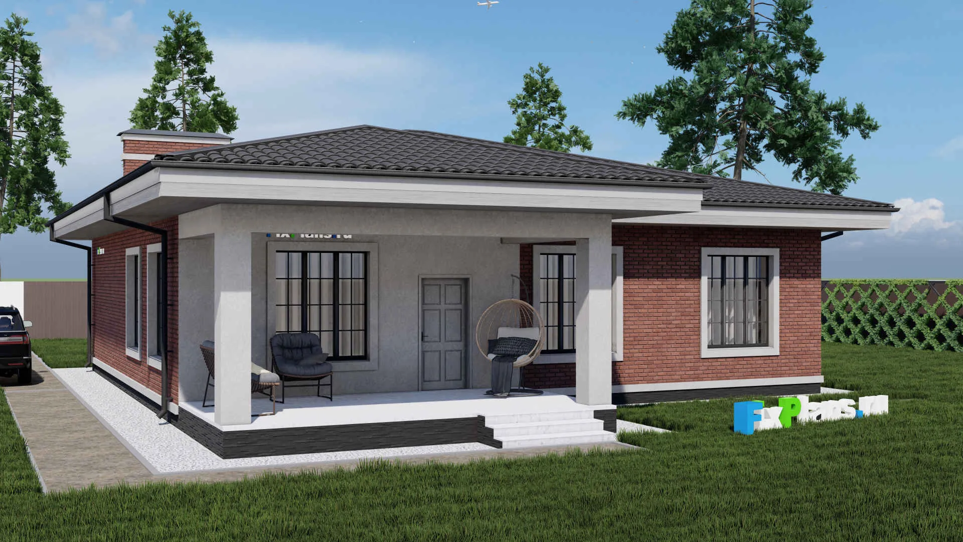 F-0917 - Проект одноэтажного дома 14 на 14, площадью 180 м² с террасой и 3 спальнями