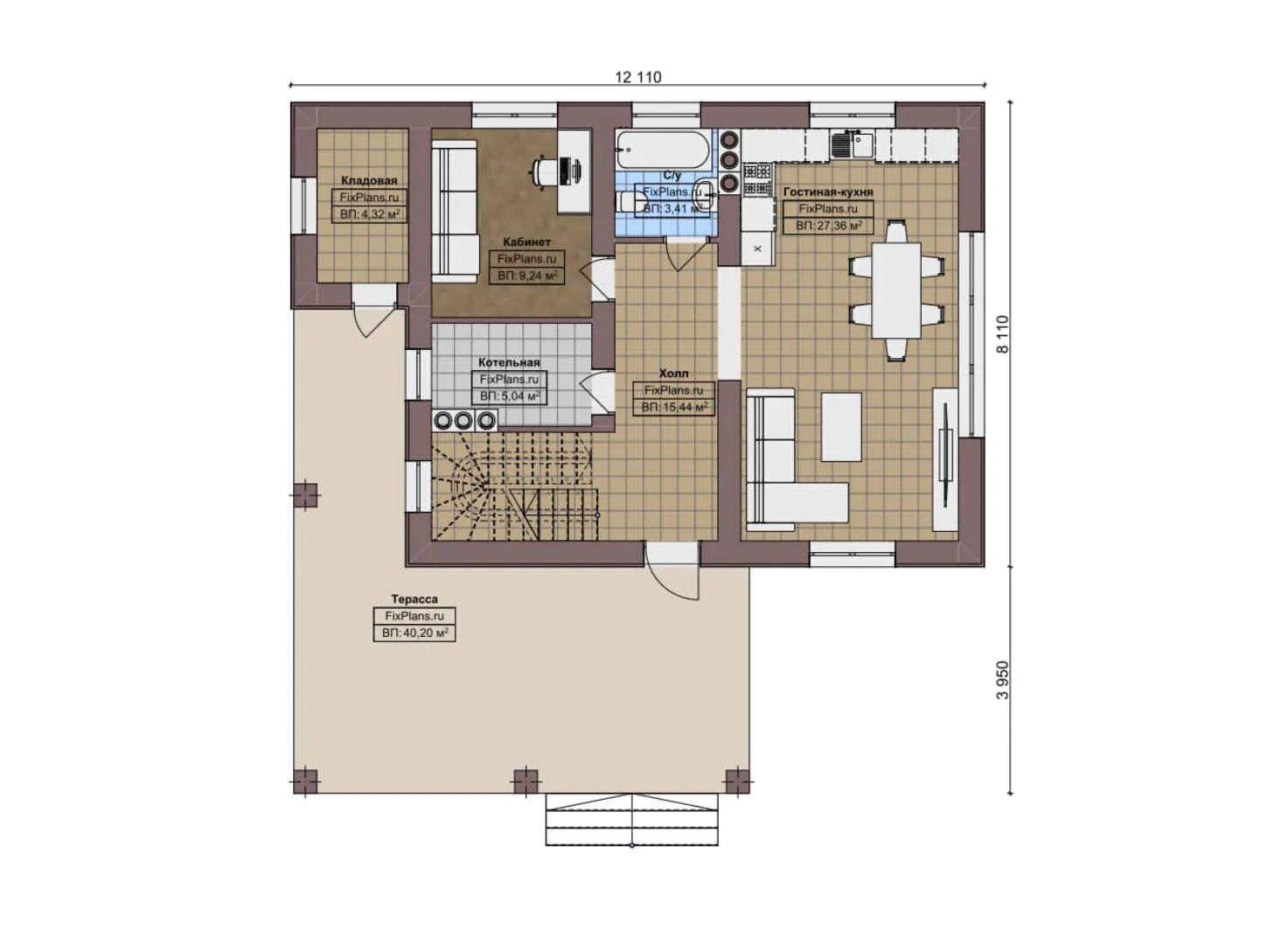F-8225 - Планы дома с мансардой 9 на 13, площадью 160 м² с террасой и 3 спальнями