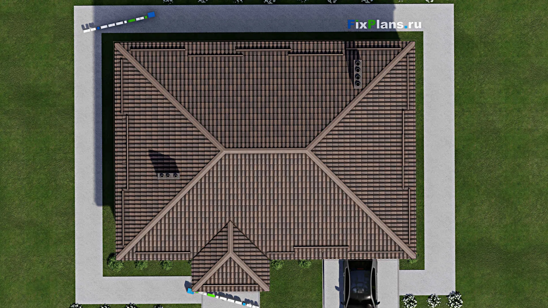 F-7928 - Проект одноэтажного дома 11 на 16, площадью 140 м² с баней, гаражом на 1 машину и 3 спальнями