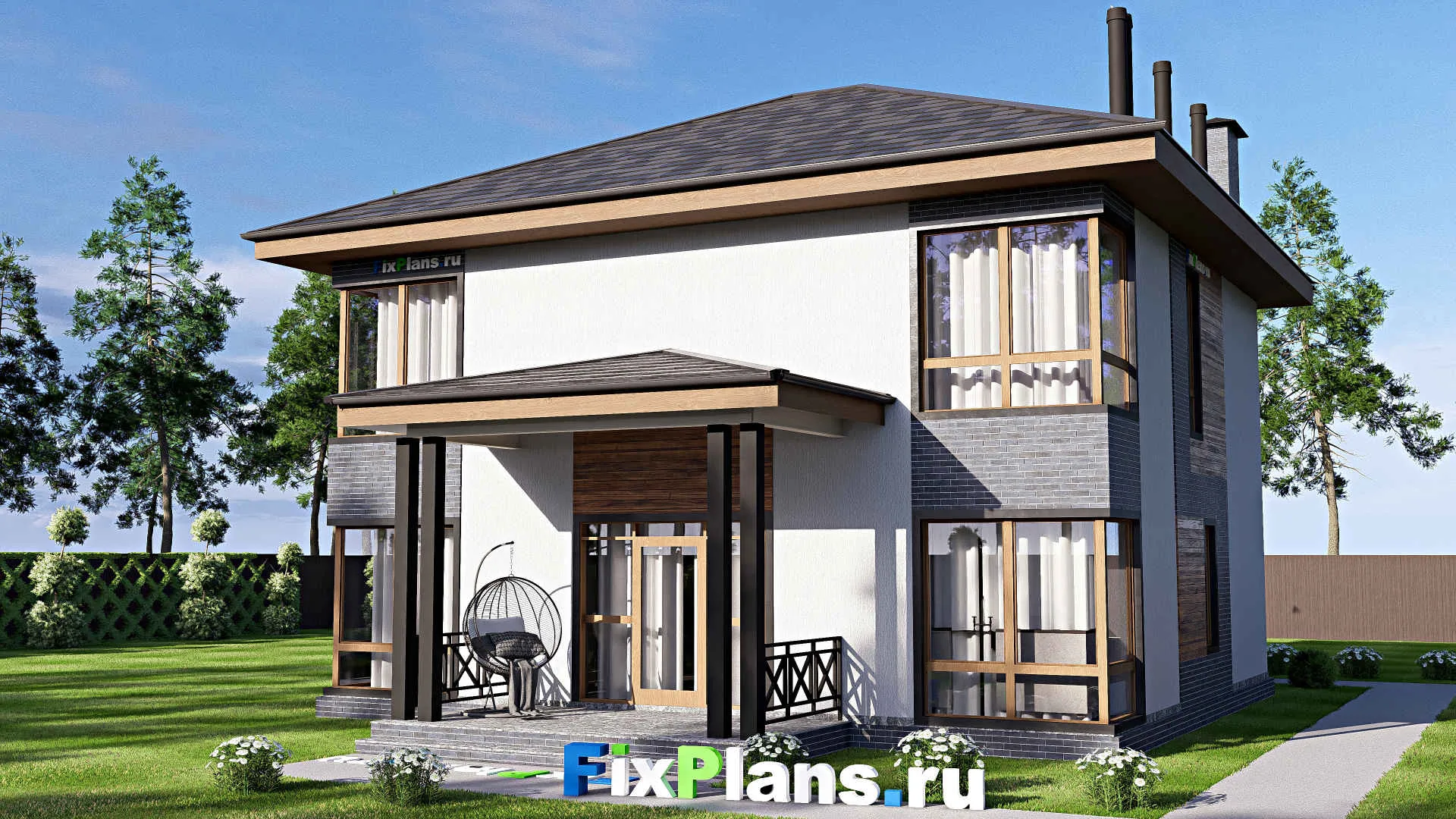 F-19529 - Проект двухэтажного дома 12 на 15, площадью 200 м² с террасой и 3 спальнями