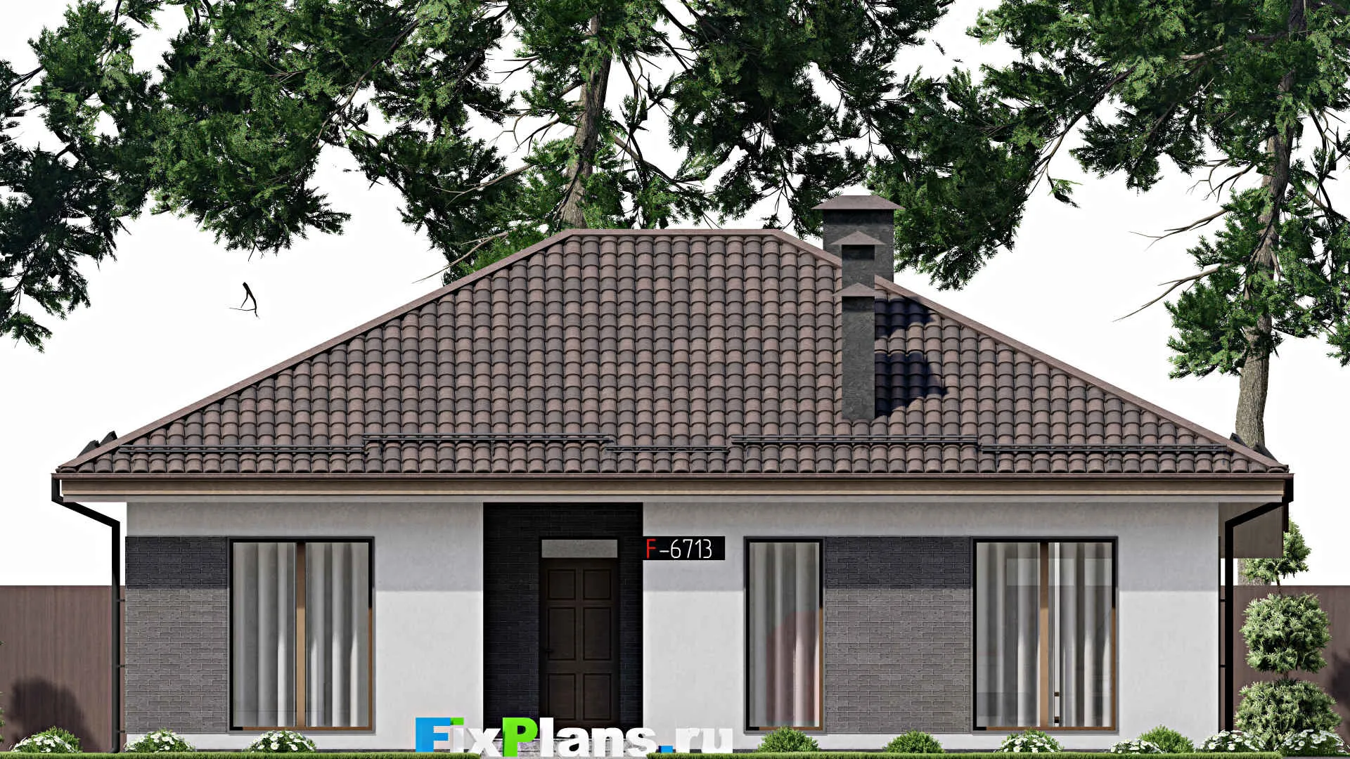 F-6713 - Проект одноэтажного дома 11 на 14, площадью 140 м² с террасой и 3 спальнями