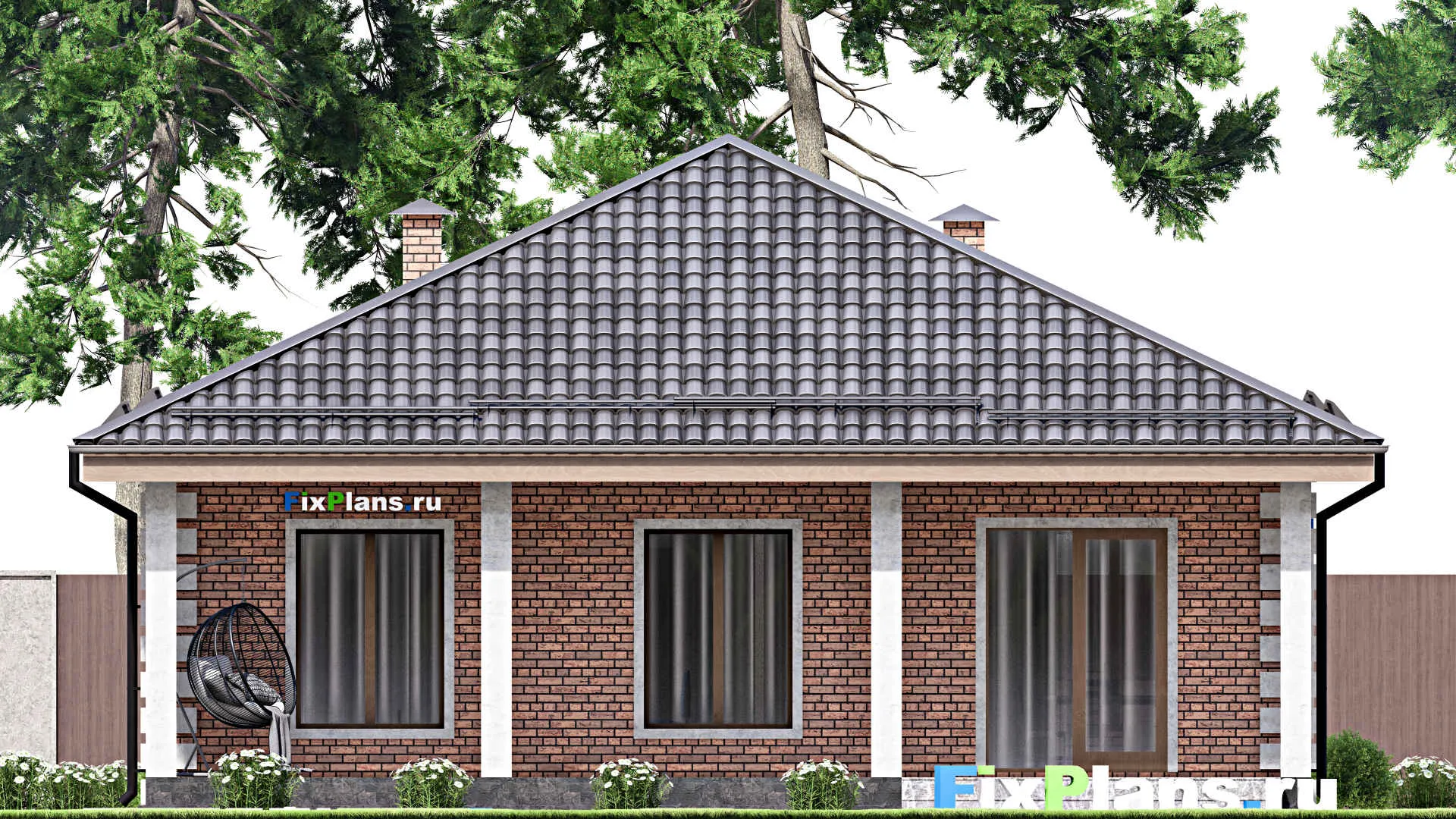 F-13886 - Проект одноэтажного дома 13 на 14, площадью 110 м² с террасой и 3 спальнями