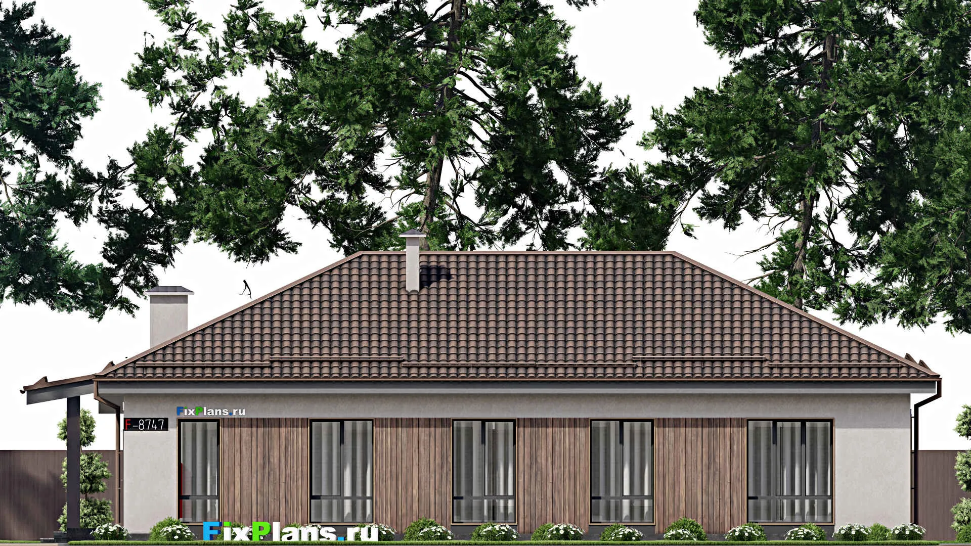 F-8747 - План одноэтажного дома 14 на 18, площадью 180 м² с террасой и 5 спальнями