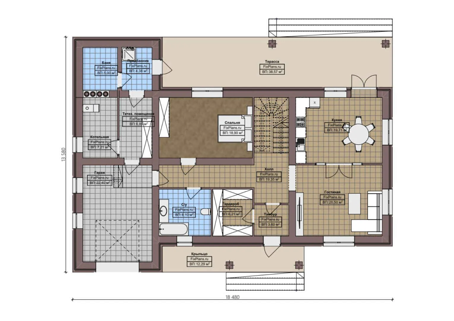 F-2483 - Планы дома с мансардой 14 на 19, площадью 300 м² с террасой, баней, гаражом на 1 машину и 4 спальнями
