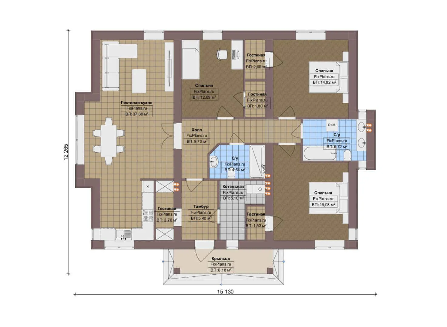F-17027 - План одноэтажного дома 13 на 16, площадью 130 м² с 3 спальнями