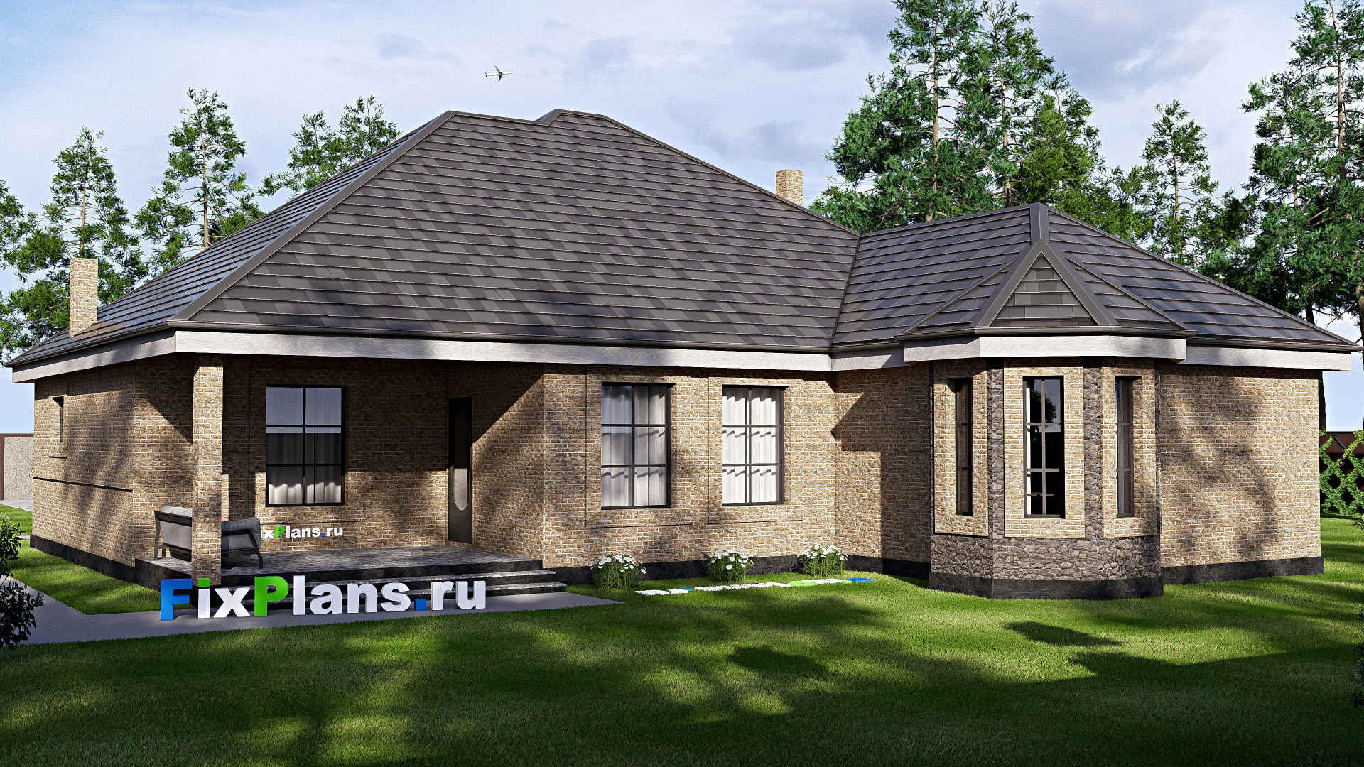 F-17189 - План одноэтажного дома 17 на 28, площадью 280 м² с террасой, гаражом на 2 машины и 3 спальнями