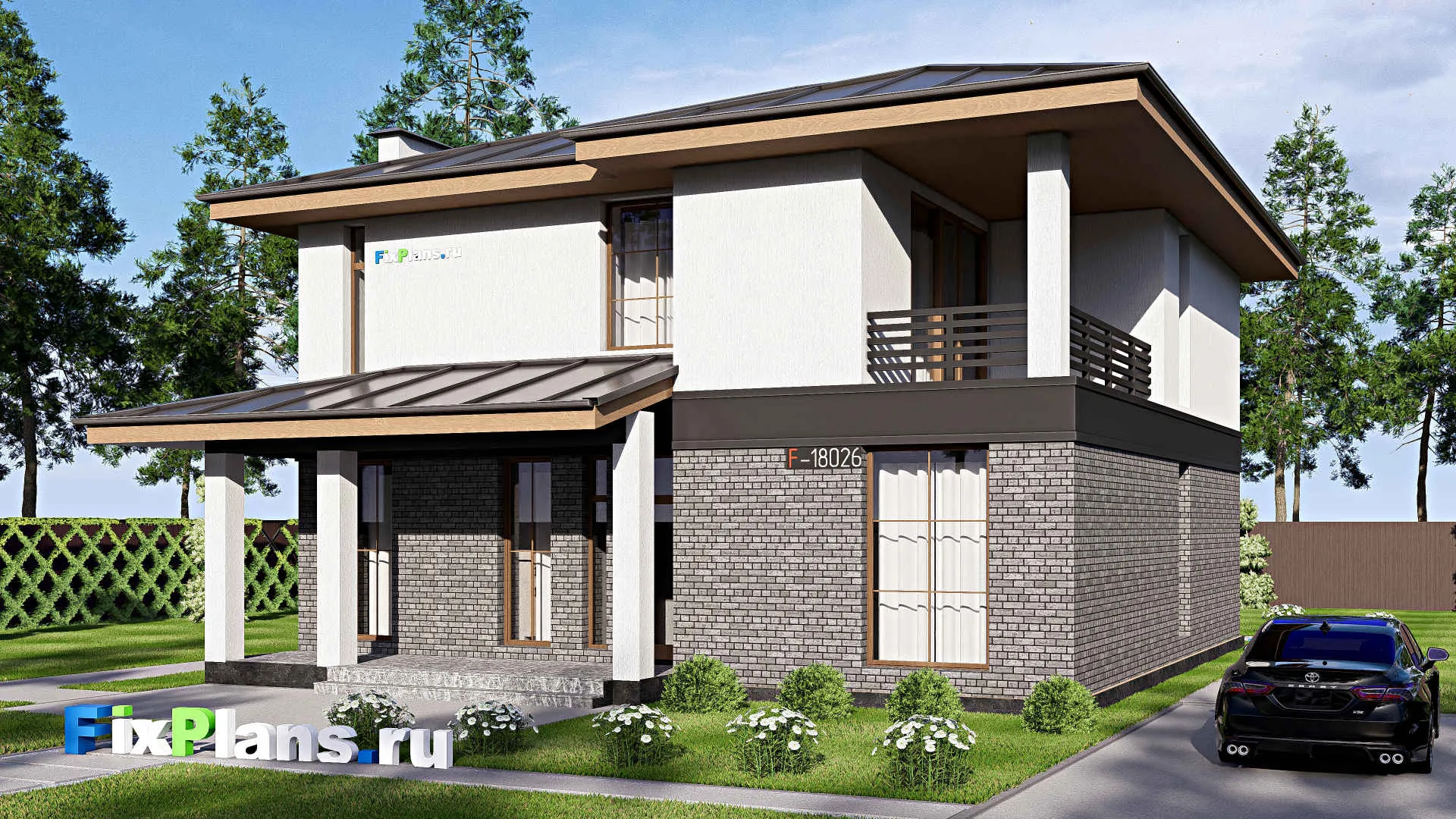 F-18026 - Проект двухэтажного дома 13 на 14, площадью 240 м² с балконом и 5 спальнями