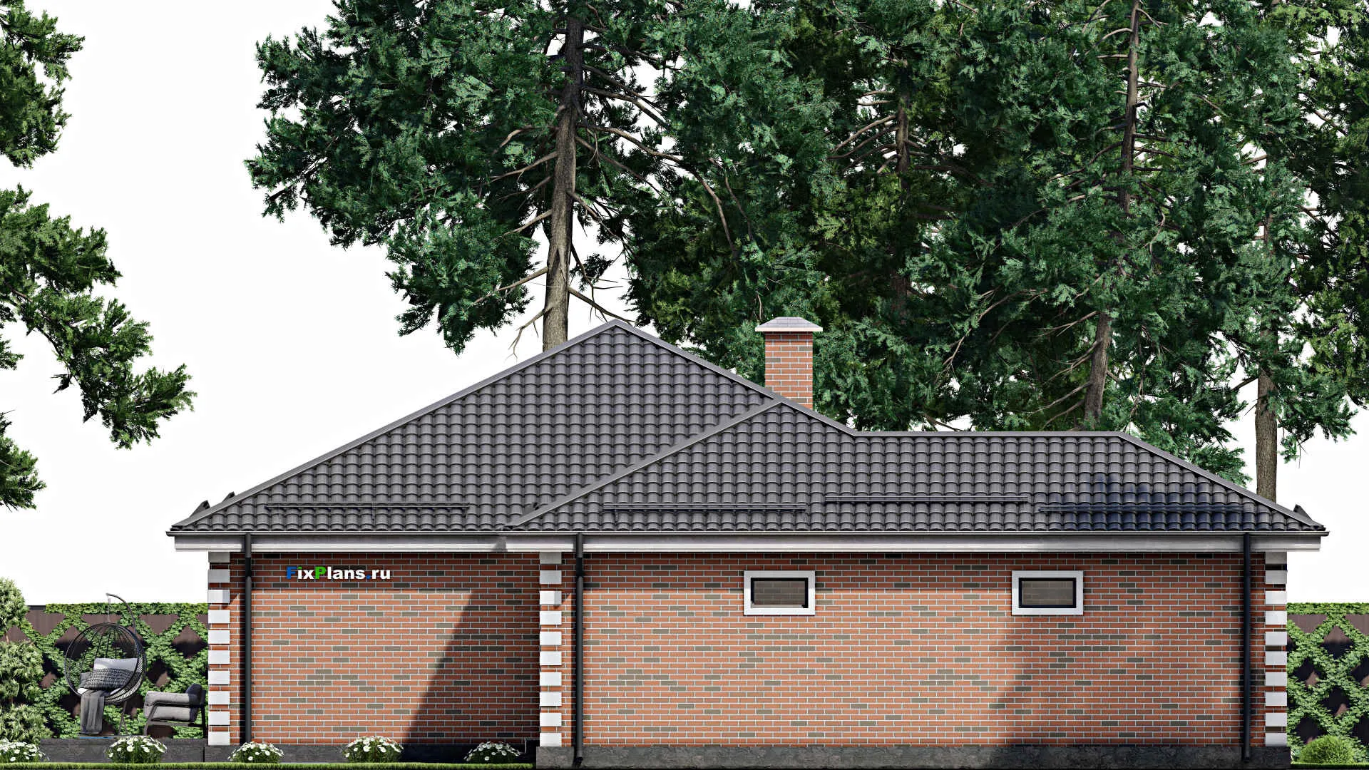 F-5471 - Проект одноэтажного дома 16 на 17, площадью 300 м² с террасой, цокольным этажом, гаражом на 2 машины и 3 спальнями