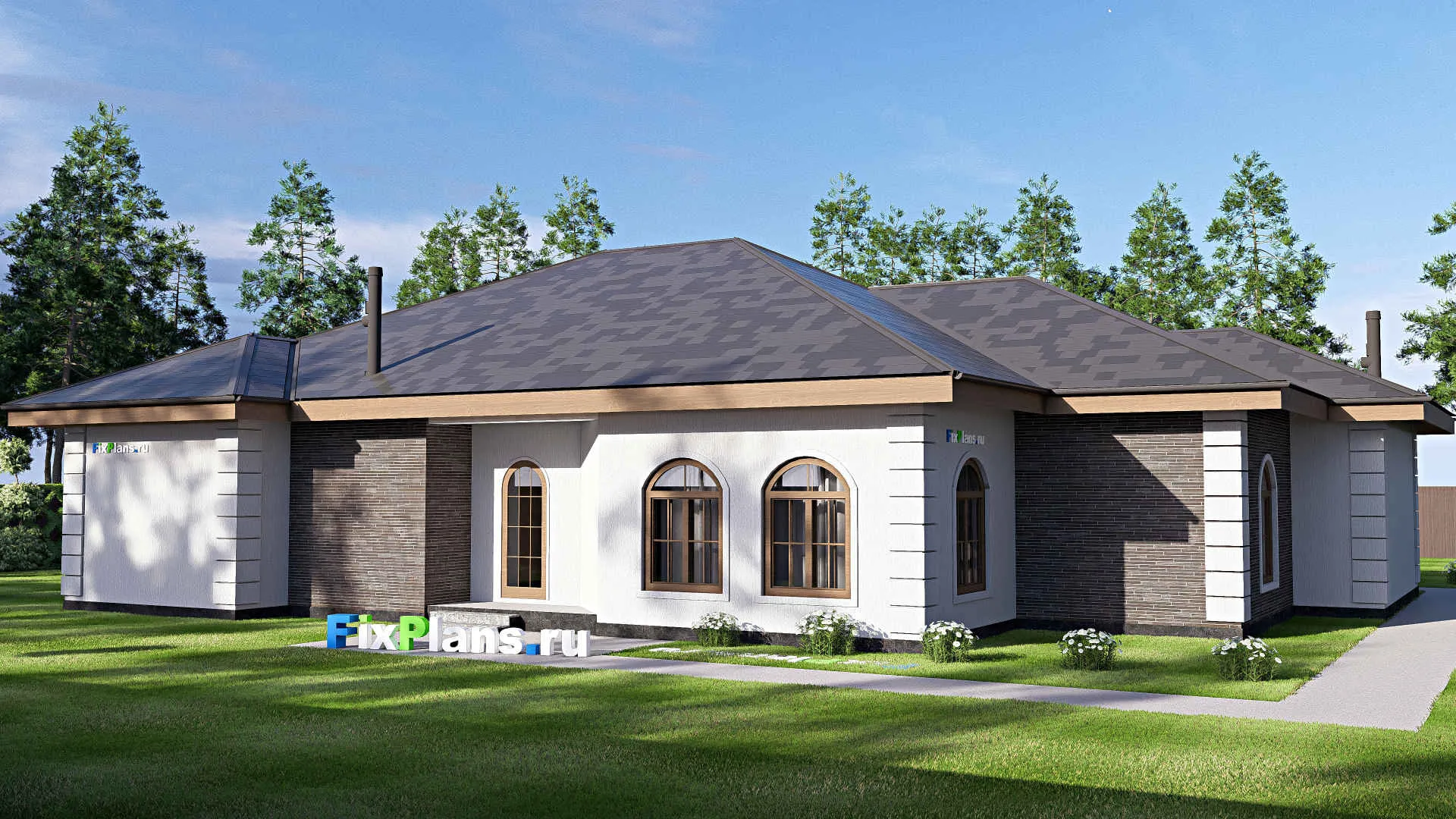 F-19763 - Проект одноэтажного дома 17 на 22, площадью 260 м² с гаражом на 2 машины и 4 спальнями