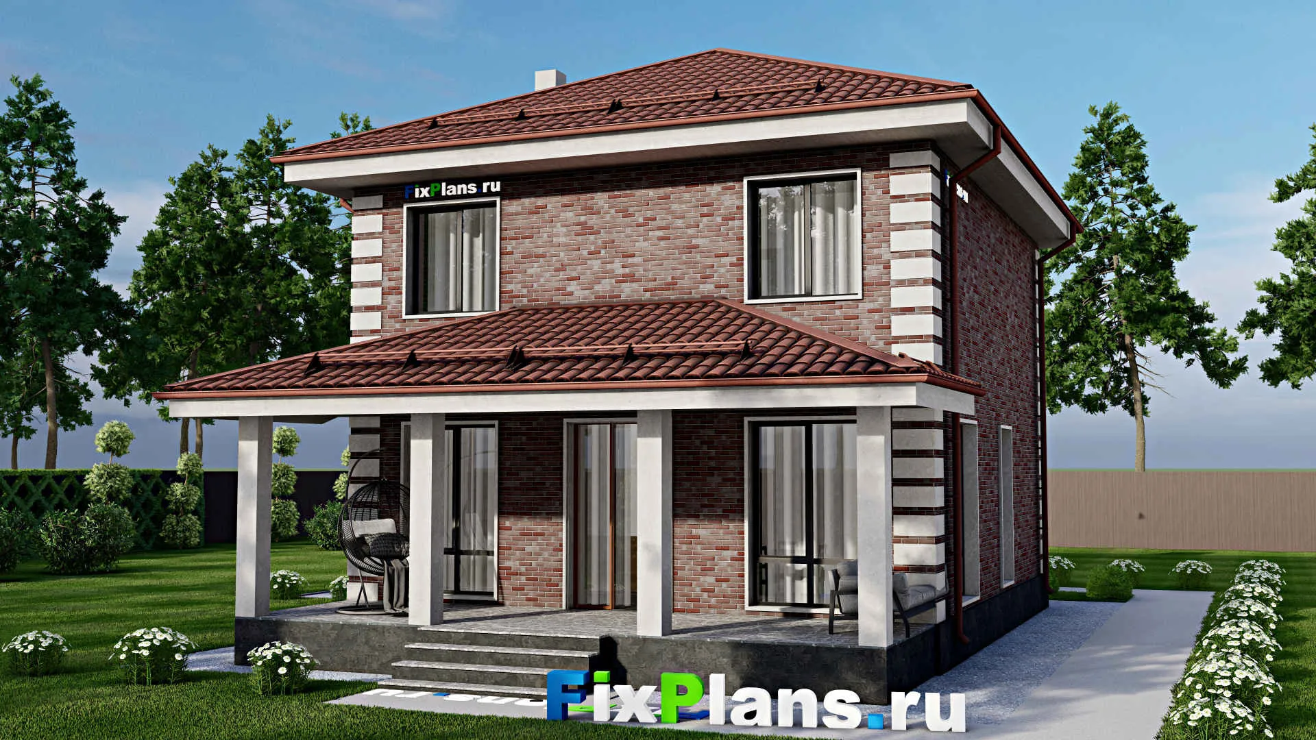 F-2159 - Проект двухэтажного дома 9 на 10, площадью 140 м² с террасой, баней и 3 спальнями