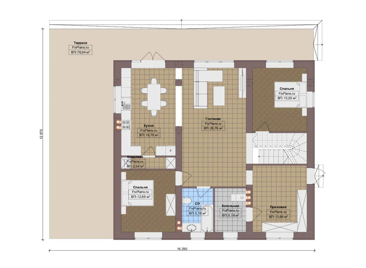 F-19394 - Планы двухэтажного дома 13 на 17, площадью 260 м² с террасой и 6 спальнями