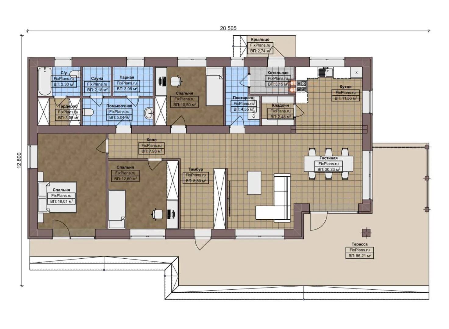 F-7055 - План одноэтажного дома 13 на 21, площадью 190 м² с террасой, баней и 3 спальнями