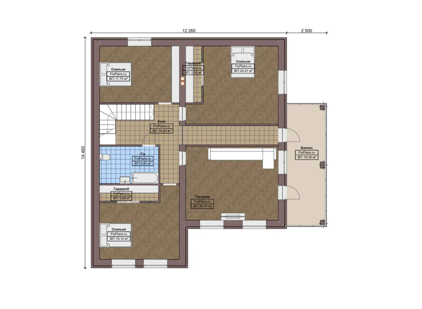 F-6461 - Планы двухэтажного дома 17 на 18, площадью 370 м² с террасой, балконом, баней, гаражом на 1 машину, бассейном и 4 спальнями