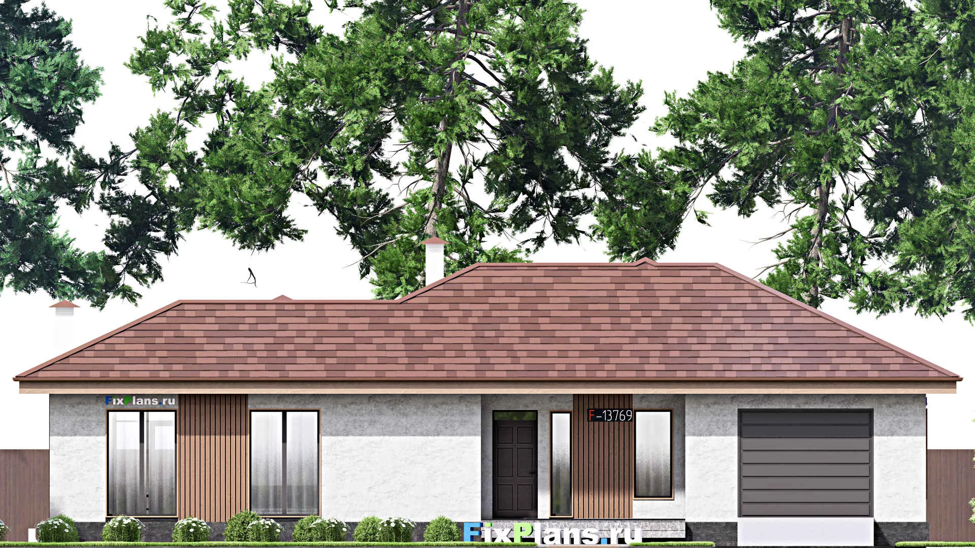 F-13769 - Проект одноэтажного дома 14 на 20, площадью 160 м² с гаражом на 1 машину и 3 спальнями