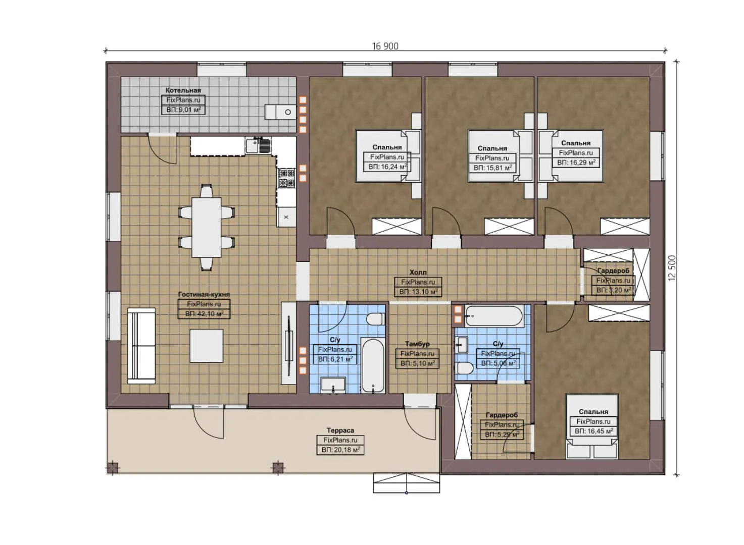 F-2996 - План одноэтажного дома 13 на 17, площадью 180 м² с террасой и 4 спальнями